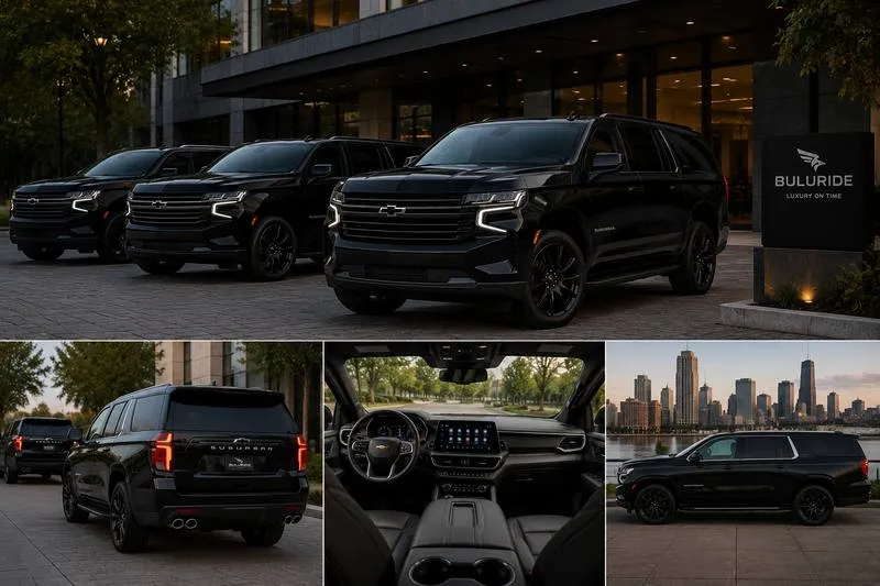 Fleet of black full-size luxury SUVs outside a modern building at dusk — BuluRide, Luxury on Time