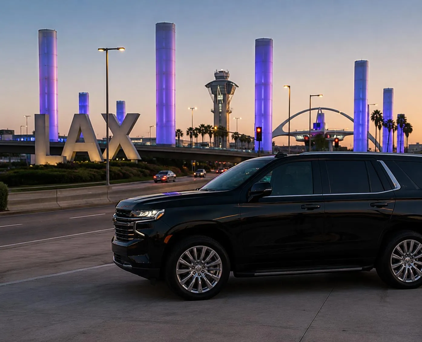Black BuluRide luxury SUV at the LAX airport pylons at dusk for an Orange County airport transfer