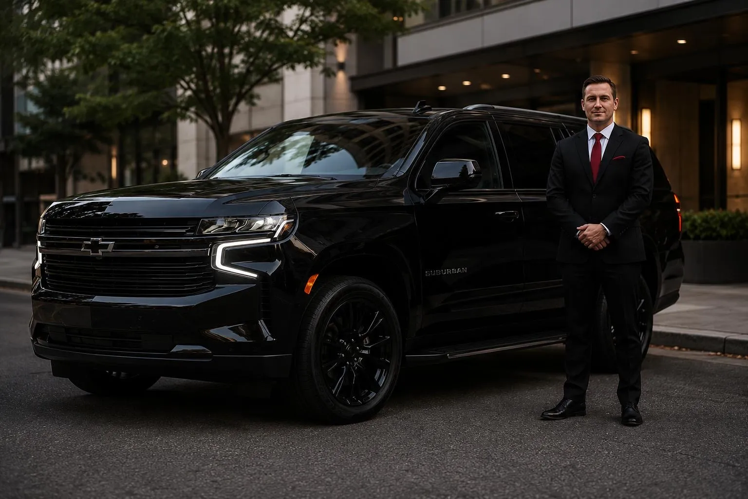 BuluRide Royal Chauffeur in a black suit and red tie beside a black luxury SUV — executive car service in Orange County