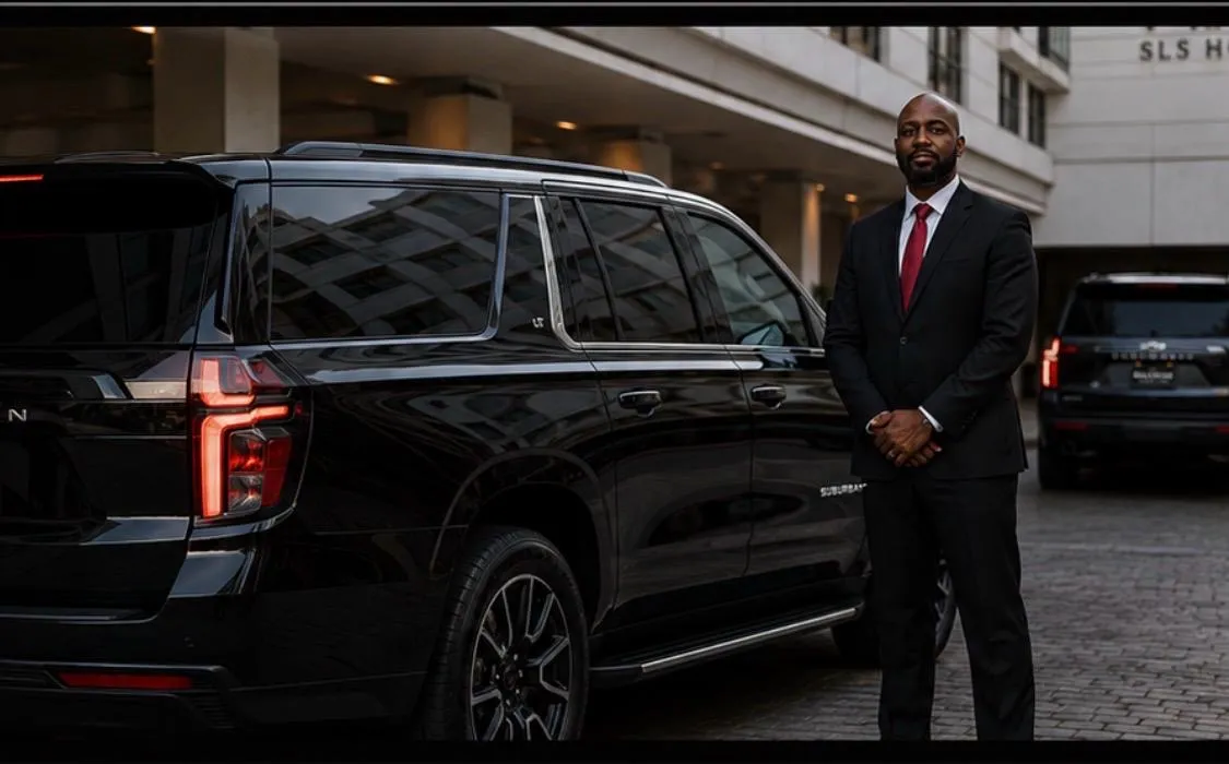 BuluRide Royal Chauffeur and black luxury SUV arriving at an upscale hotel for a special occasion