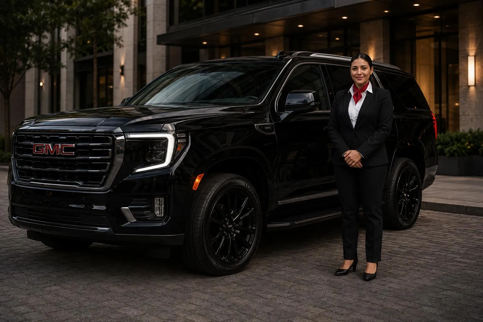 BuluRide Royal Chauffeur beside a black luxury SUV for a private chauffeured ride in Orange County